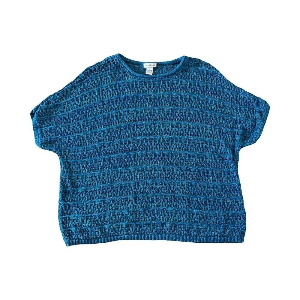 Catherines | Sparkly Teal Open Weave Knit Short Sleeve Cotton Sweater, 2X
